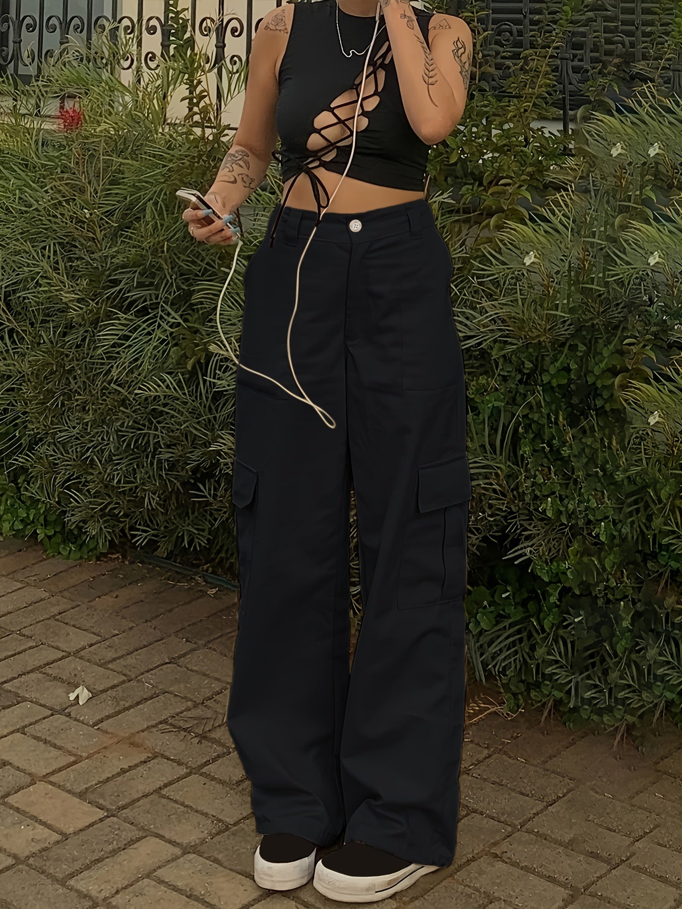 Stylish Y2K Khaki Cargo Denim Pants - Women Jeans - Fashionable Retro High Waist Straight Leg, Loose Fit, Large Pockets, Casual Street Hip-hop Style, Comfortable Wear for Daily Life