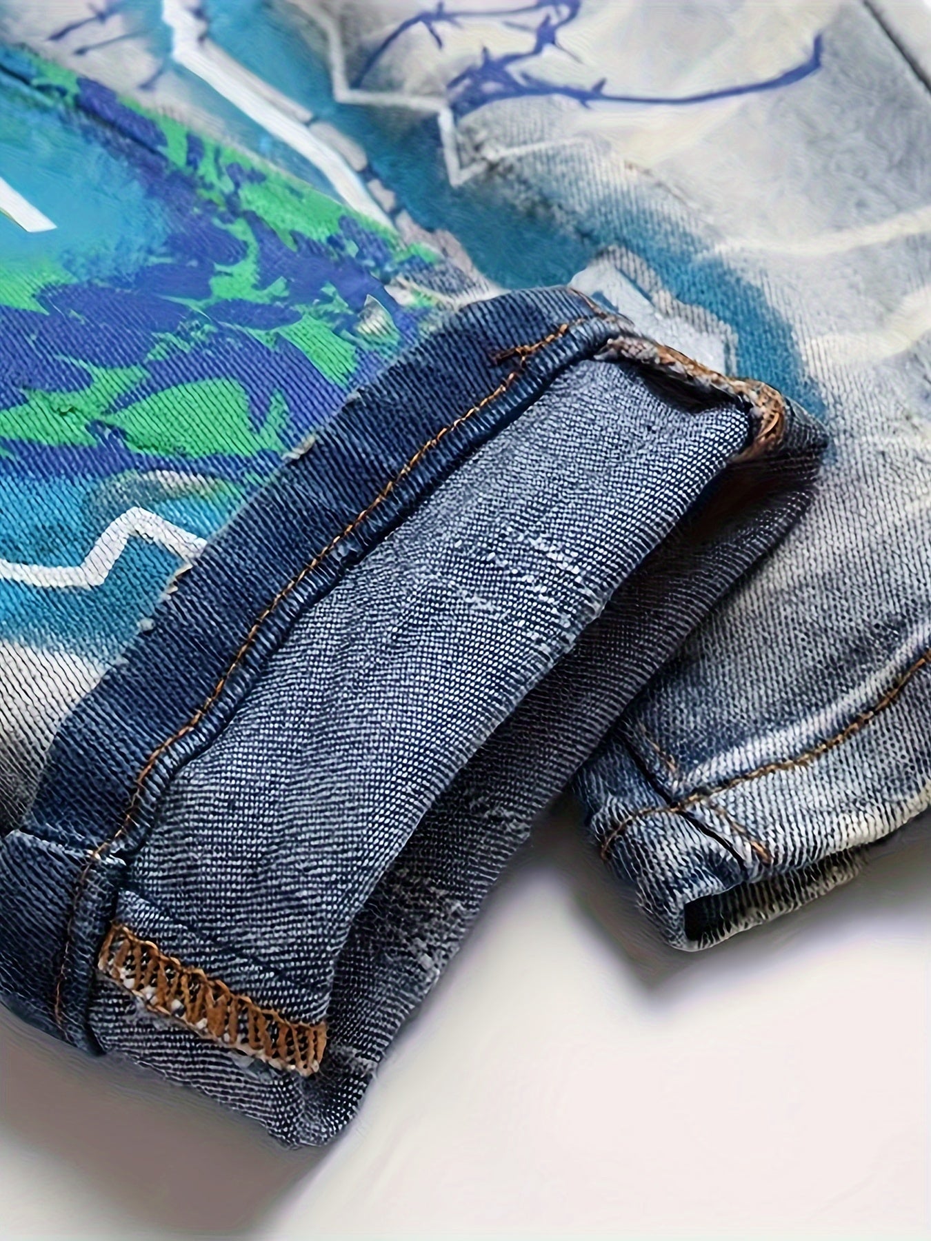 Trendy Distressed Jeans - European and American Inspired Printed Graffiti Style, Washed and Faded, Fashionable Ripped Knee, Stretchy Denim, Casual Wear for Women - Jeans