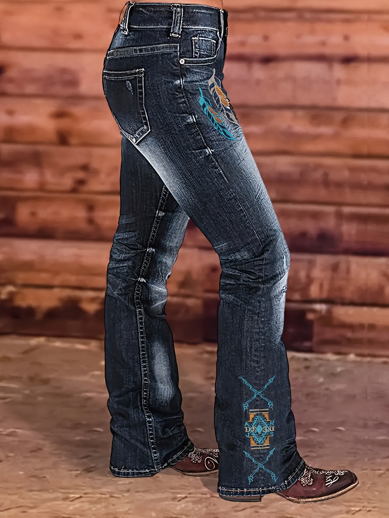 Stylish High-Waisted Cowboy Jeans - Women Jeans with Embroidered Flap Pockets, Stretchy Four-Season Cotton Blend, Casual Straight Leg Fit, Comfortable and Versatile for Daily Wear