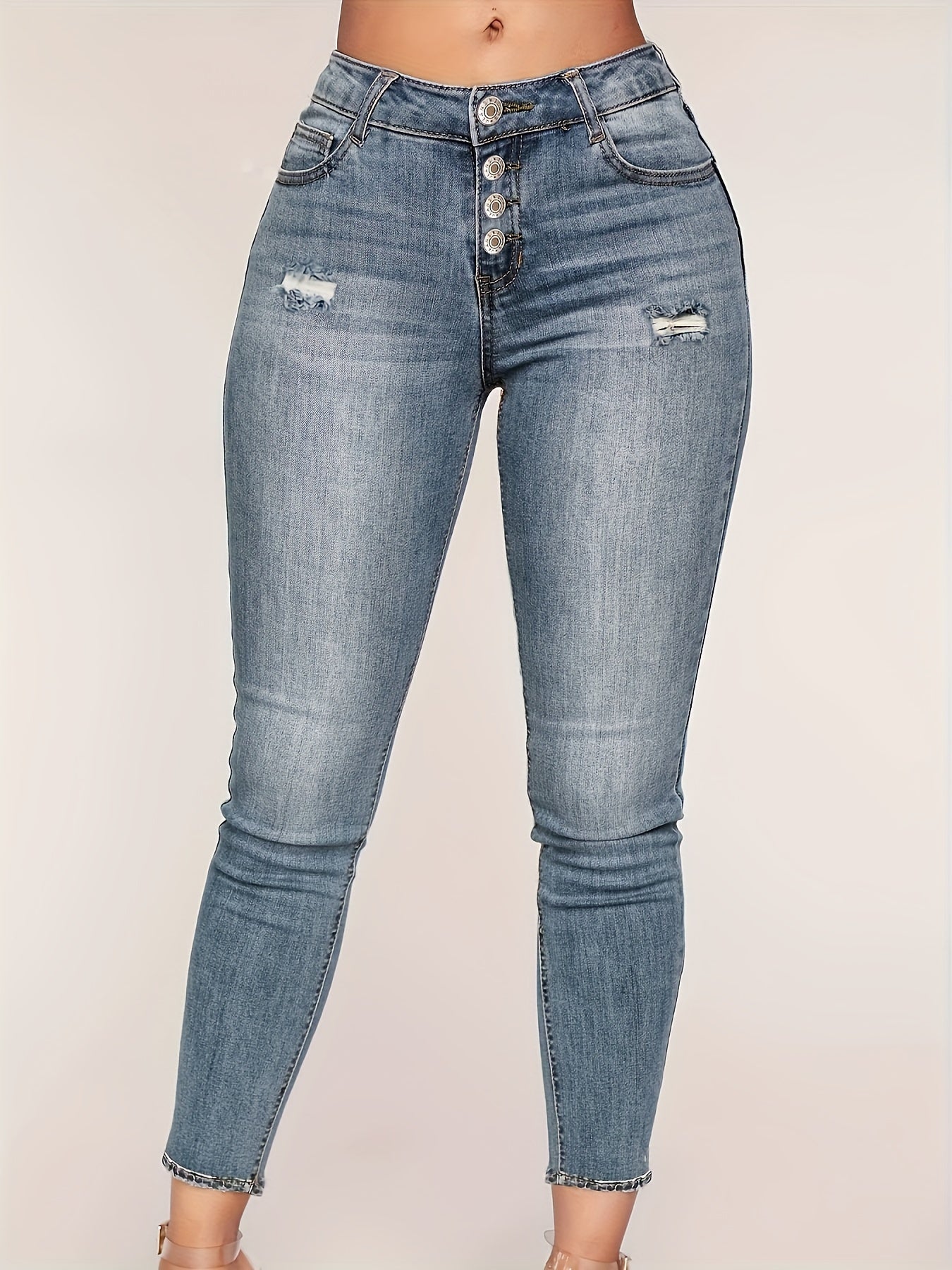 Stretchy Slim Fit Ladies' High-Waisted Denim Jeans - European and American Style, Cross-Border Fashion, Elastic Waistband, Five-Pocket Design, Comfortable and Versatile - Women Jeans