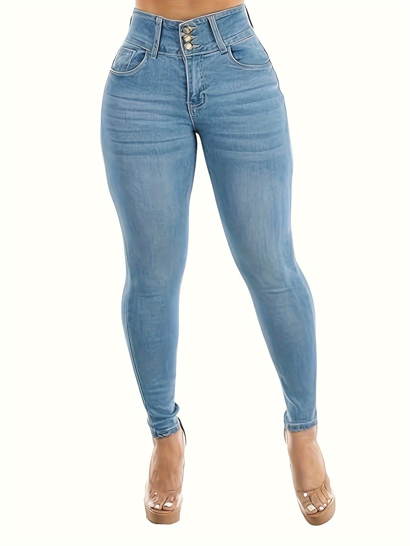 High-Rise Skinny Fit Blue Washed Denim Jeans for Women - Comfortable Single-Breasted Plain Style with High-Quality Fabric and Classic Five-Pocket Design - Women Jeans