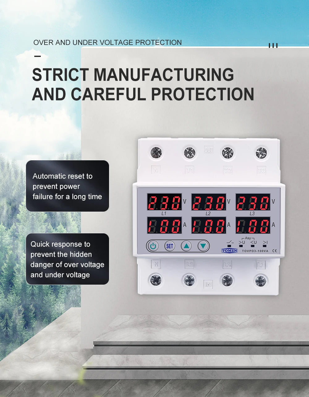 TOMZN TOVPD3-63VA Din Rail 3 Phase Adjustable Over and Under Voltage Protector relay with current protection 3*220V 380V