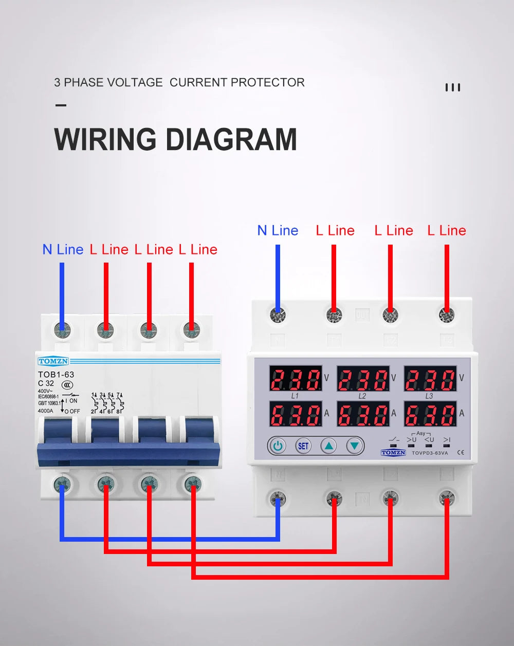 TOMZN TOVPD3-63VA Din Rail 3 Phase Adjustable Over and Under Voltage Protector relay with current protection 3*220V 380V