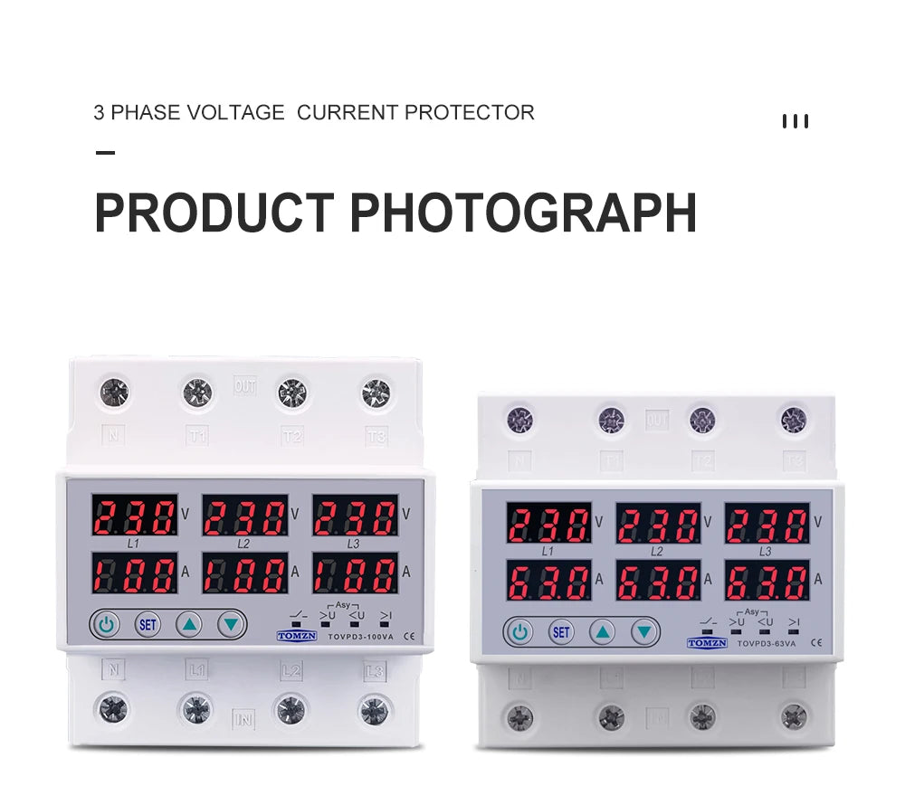 TOMZN TOVPD3-63VA Din Rail 3 Phase Adjustable Over and Under Voltage Protector relay with current protection 3*220V 380V