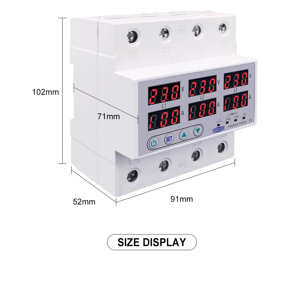 TOMZN TOVPD3-63VA Din Rail 3 Phase Adjustable Over and Under Voltage Protector relay with current protection 3*220V 380V