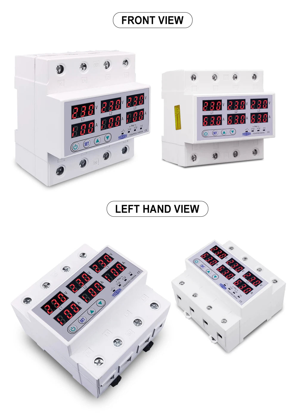 TOMZN TOVPD3-63VA Din Rail 3 Phase Adjustable Over and Under Voltage Protector relay with current protection 3*220V 380V