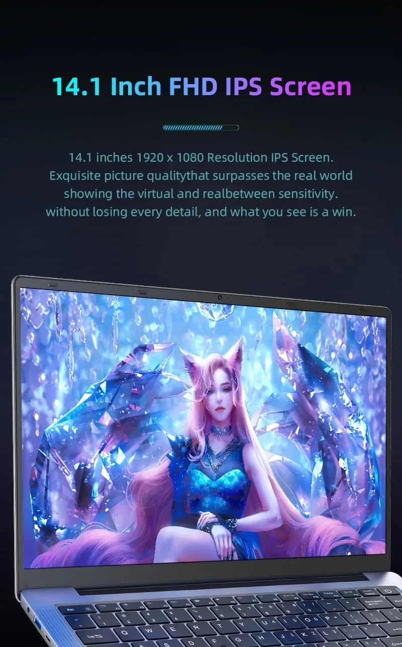 Ultra Slim Laptop 14.1" 16GB RAM 1TB SSD Intel N3700 Notebook Gamer 1920*1080 Display Office Study Computer PC Windows 11 Pro