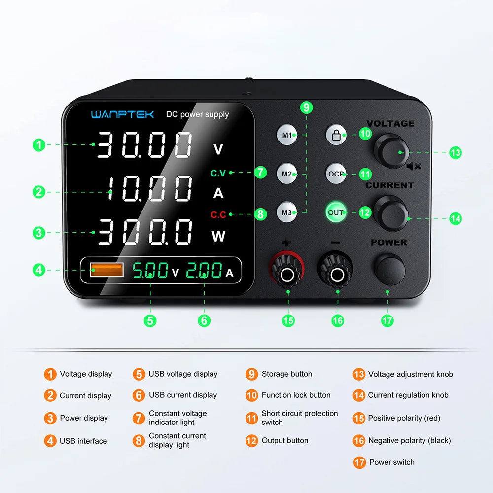 Wanptek Lab DC Power Supply Encoder adjustment Memory Adjustable 30V 10A Bench Power Source 160V 120V 60V 5A 3A Metal anodizing