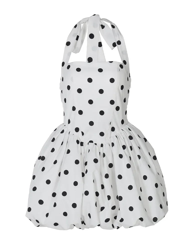 Polka Dot Halter Strapless Dress Women Elegant Sleeveless Backless Waist Cinching Ball Gown Fashion Chic Ladies Evening Dresses