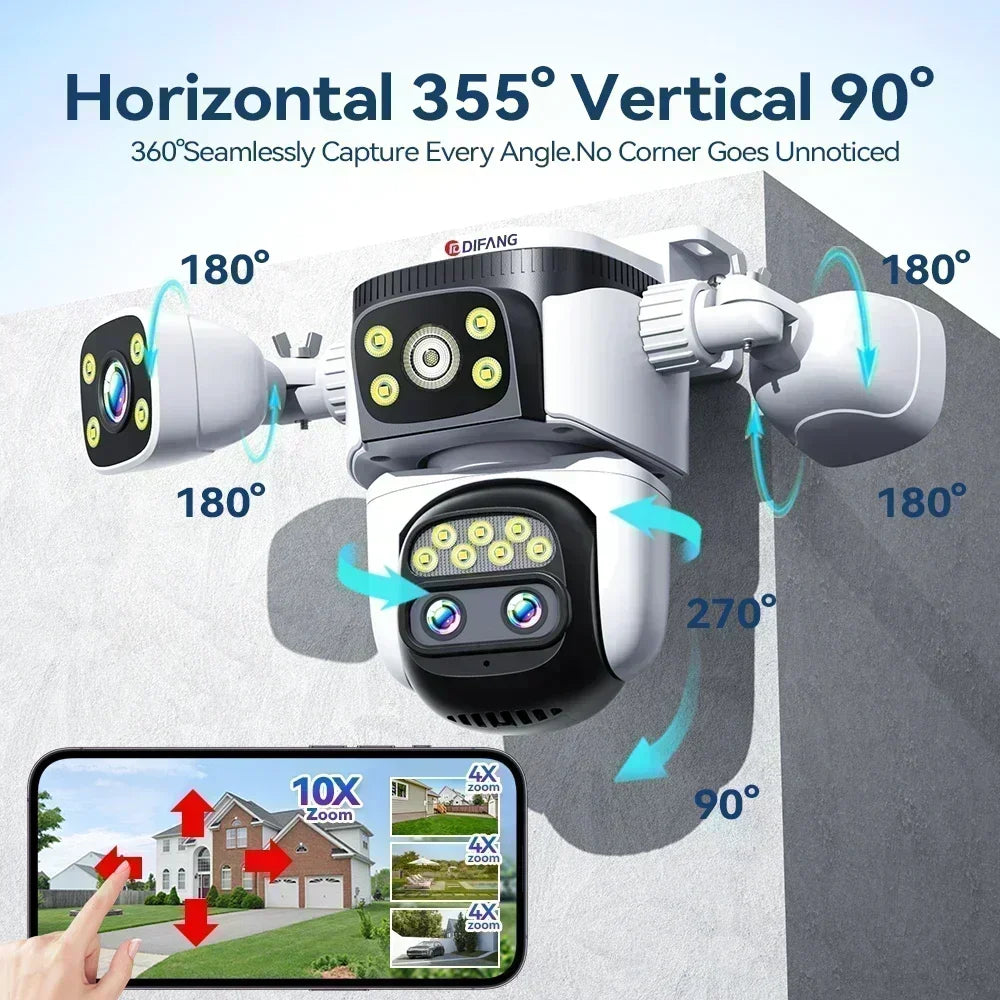 10K 20MP Home Security WiFi Camera Four Len Four Screen 360° PTZ 10X Zoom CCTV Wireless Surveillance IP Cam Security Protection