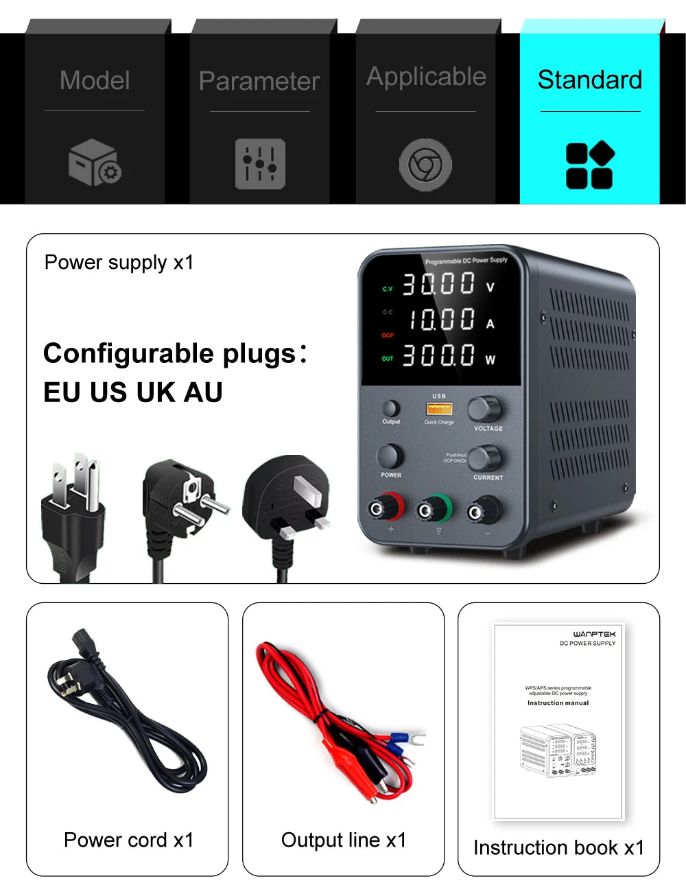 Adjustable DC power supply with 4-digit LED display, 5V/3.6A USB fast charging with encoder adjustment, output enable/disable