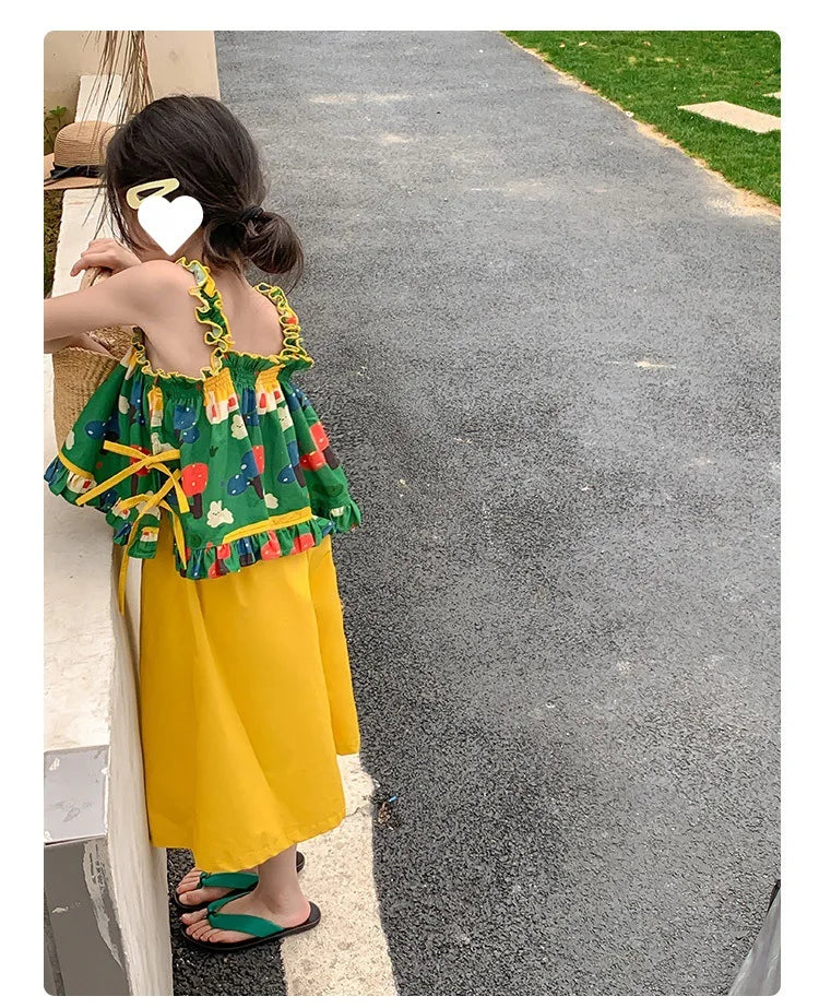 Children's Clothing Sets Cartoon Print Halter Top + Wide-leg Pants 2pcs Toddler Clothes for 2 To 7years Kids Boutique Clothes