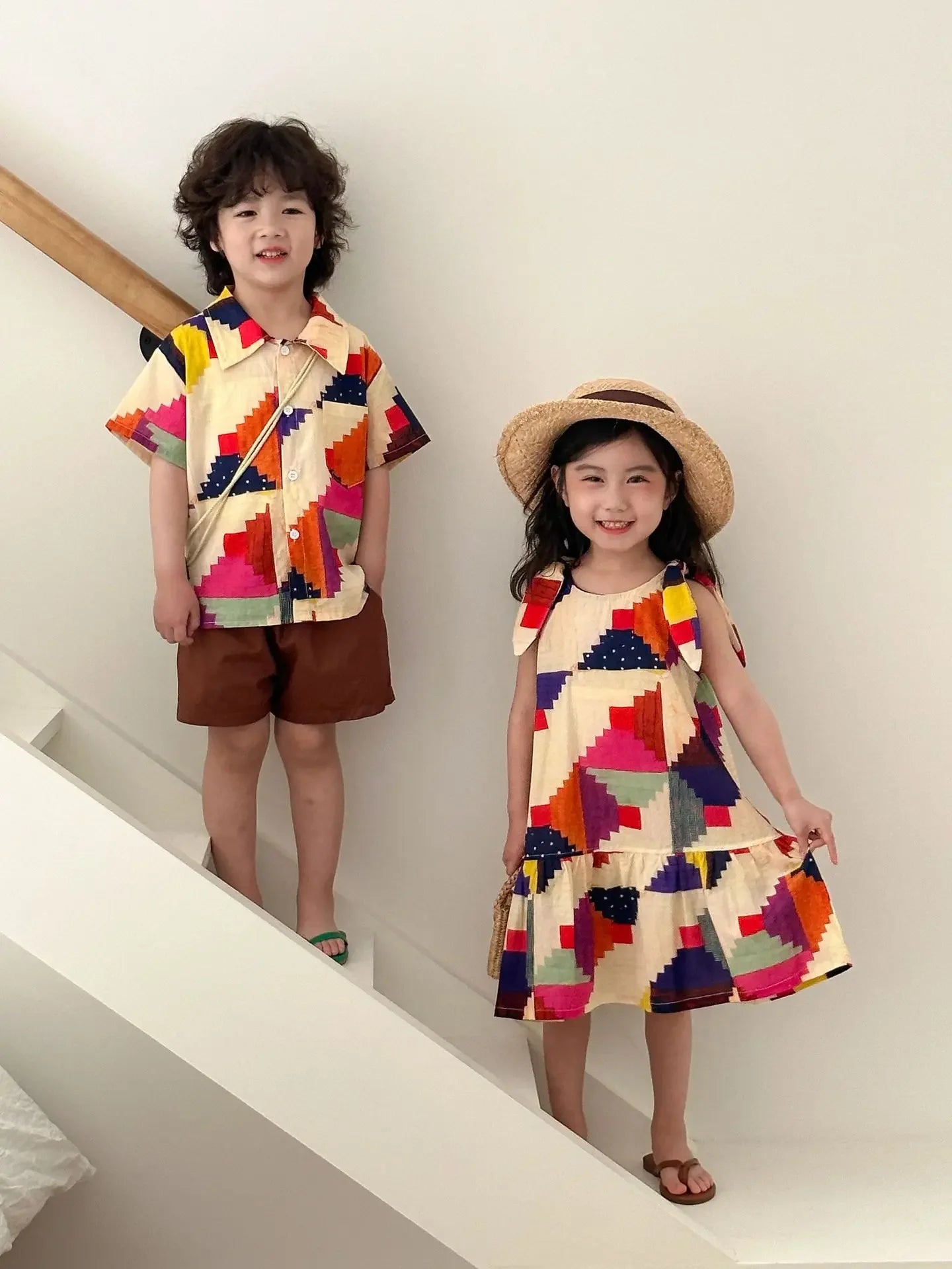 Children's Clothes 2025 Summer New Boy's Shirt Suit Or Baby Girl Dress Holiday Clothes Brother And Sister Clothes