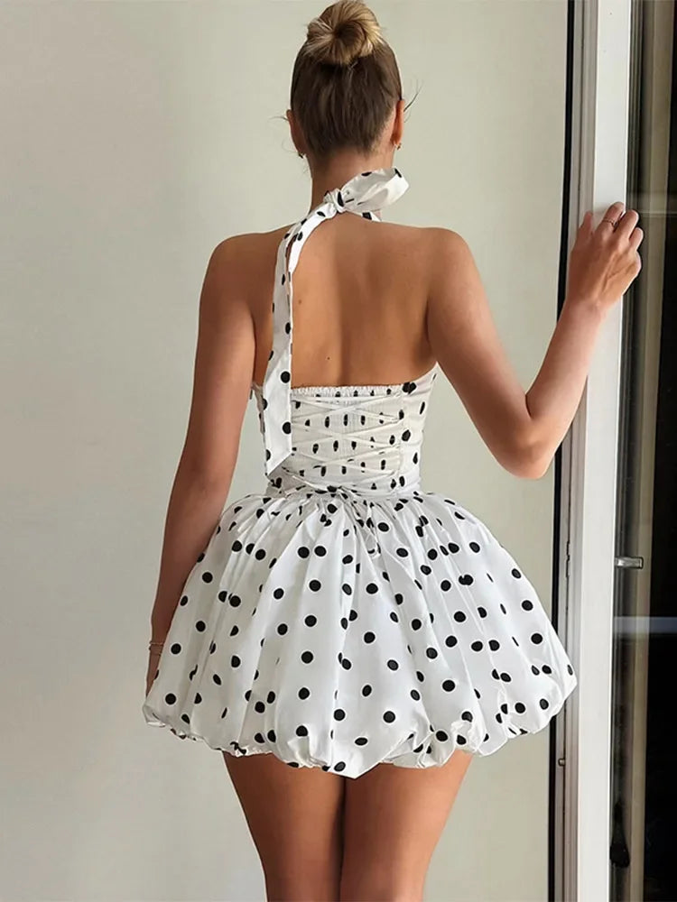 Polka Dot Halter Strapless Dress Women Elegant Sleeveless Backless Waist Cinching Ball Gown Fashion Chic Ladies Evening Dresses