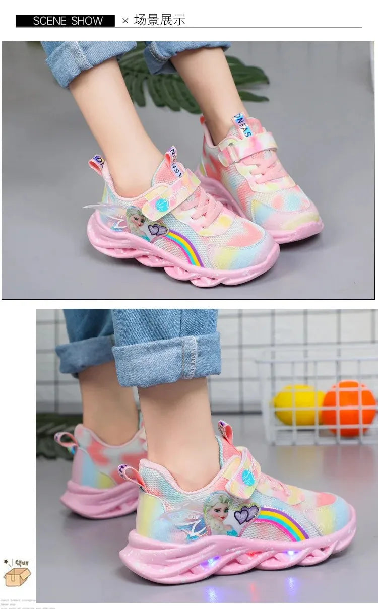 Disney Girls' Casual Shoes Led Lights Mesh Breathable Children's Sports Princess Elsa Pink Purple Shoes Sneakers Size 22-35