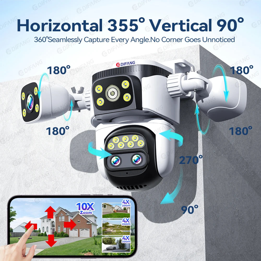 10K 20MP Home Security WiFi Camera Four Len Four Screen 360° PTZ 10X Zoom CCTV Wireless Surveillance IP Cam Security Protection