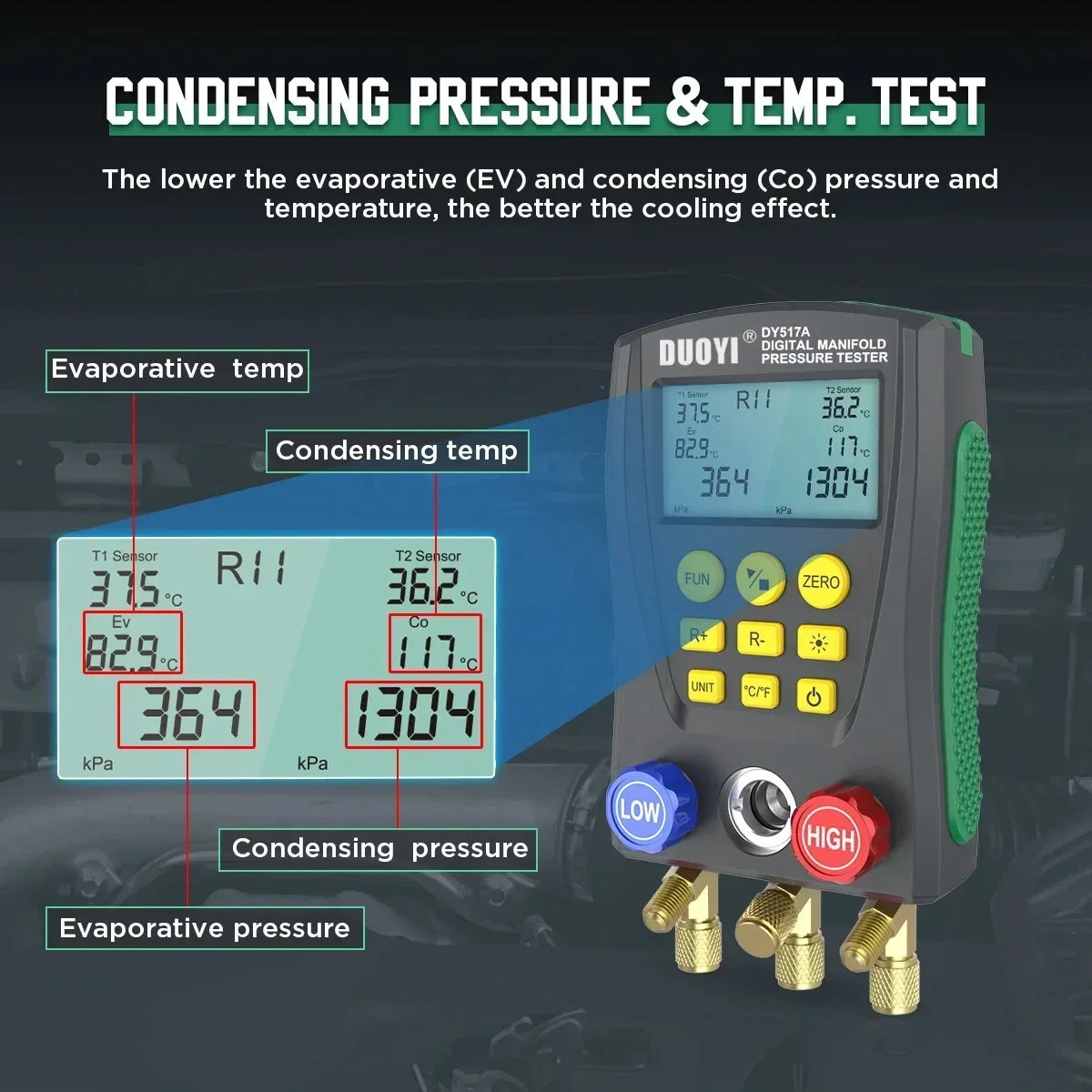 Digital refrigeration pressure gauge, air conditioning temperature detector, multi-function vacuum pressure test tool kit