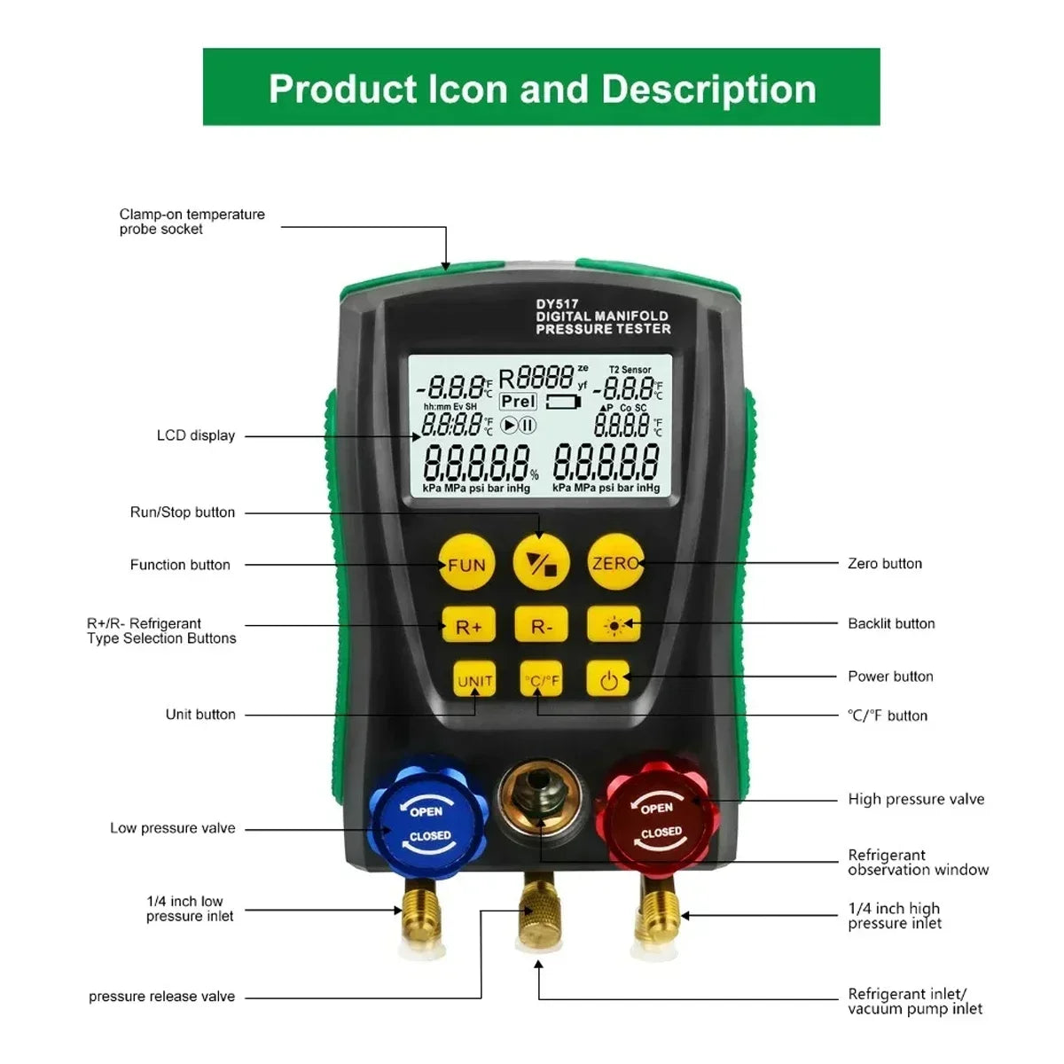Digital refrigeration pressure gauge, air conditioning temperature detector, multi-function vacuum pressure test tool kit