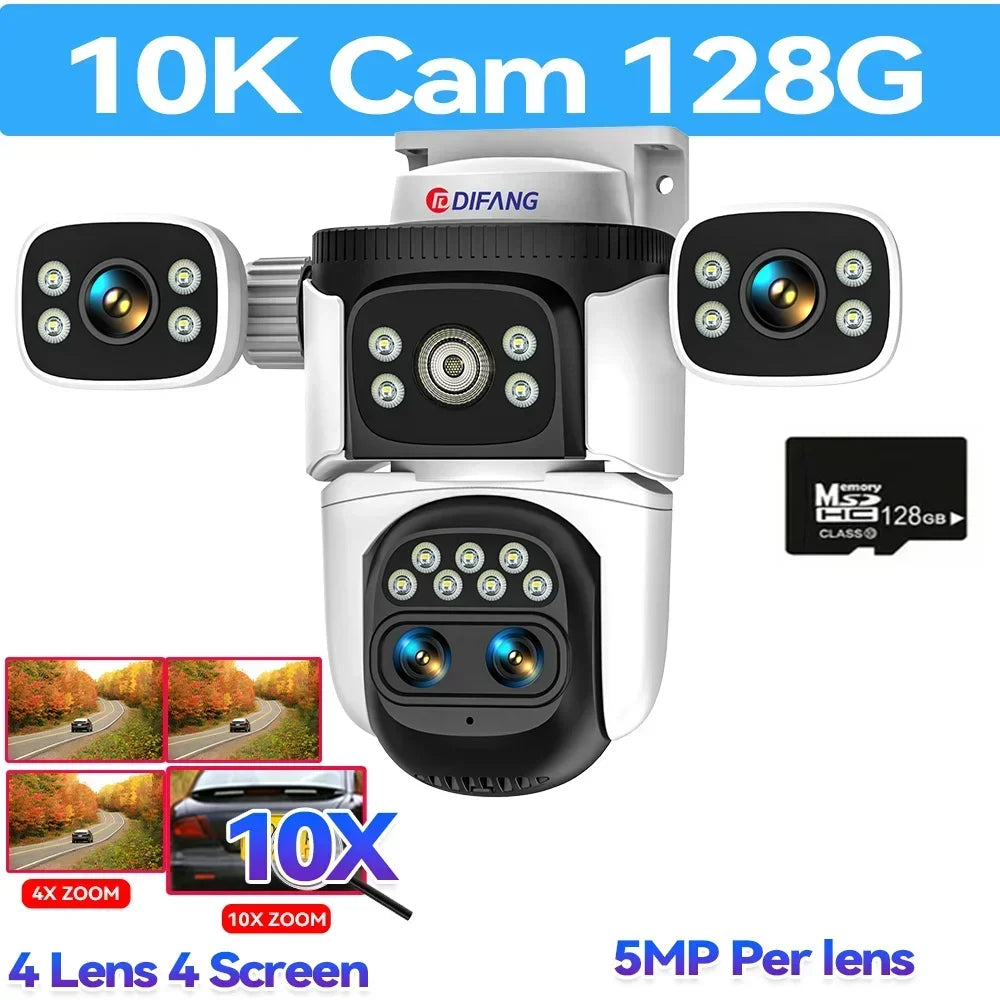10K 20MP Home Security WiFi Camera Four Len Four Screen 360° PTZ 10X Zoom CCTV Wireless Surveillance IP Cam Security Protection