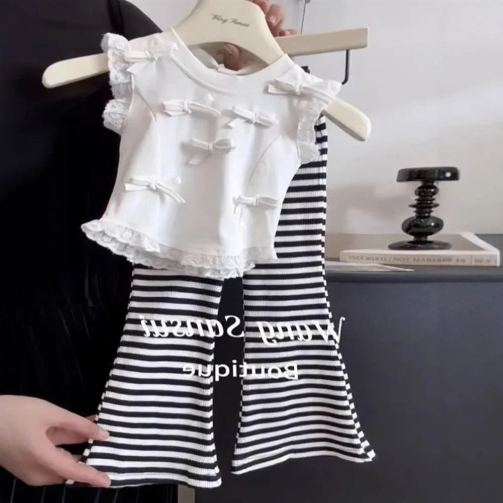 Children's Clothing Sets Bow-Detail Camisole + Striped Flared Trousers 2pcs Sets Toddler Girl Clothes Baby Girl Outfit Set