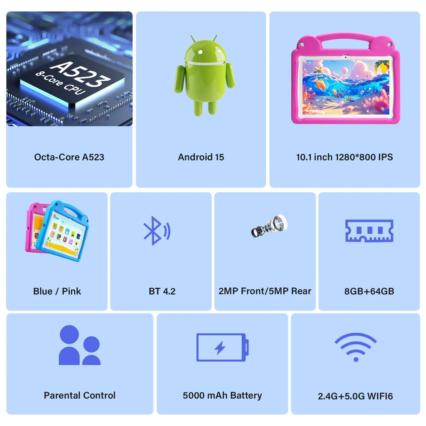 ANRY 10.1 Inch Kids Tablet 8GB(4+4 Expand) RAM 64GB ROM CPU A523 2.0GHZ 5000Mah Octa-Core Learning Education Children's Tablets