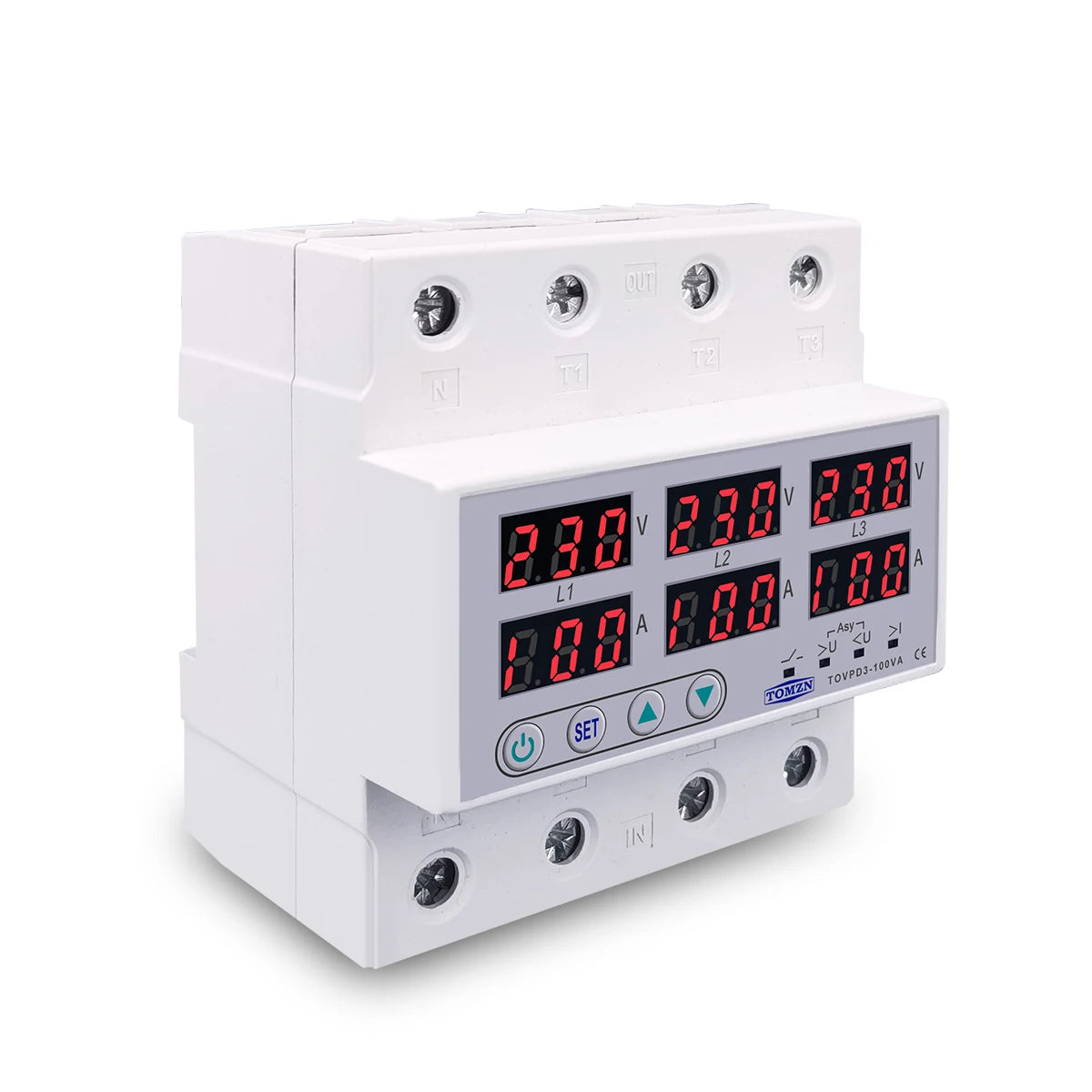 TOMZN TOVPD3-63VA Din Rail 3 Phase Adjustable Over and Under Voltage Protector relay with current protection 3*220V 380V