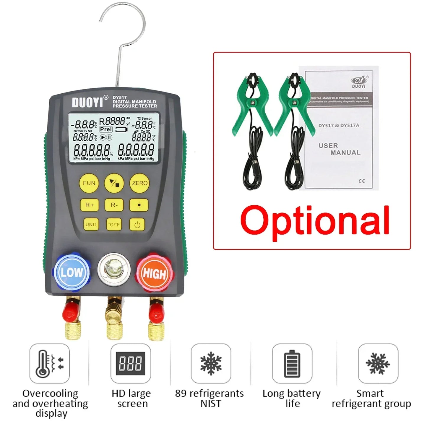 Digital refrigeration pressure gauge, air conditioning temperature detector, multi-function vacuum pressure test tool kit