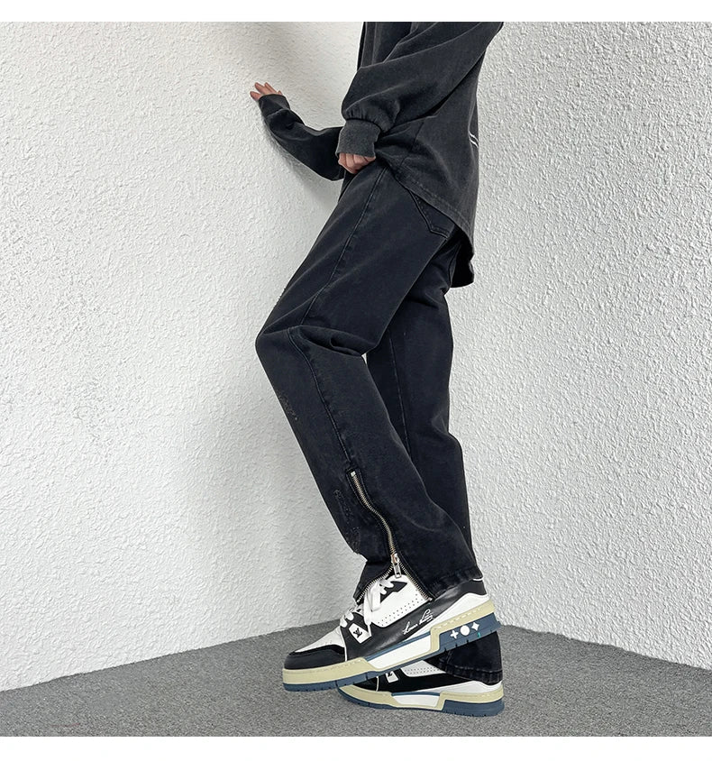 2024 Spring New Style Korean Style Men Fashionable Retro Street Jeans Zip Design on Trouser Legs Straight-leg Denim Pants Black