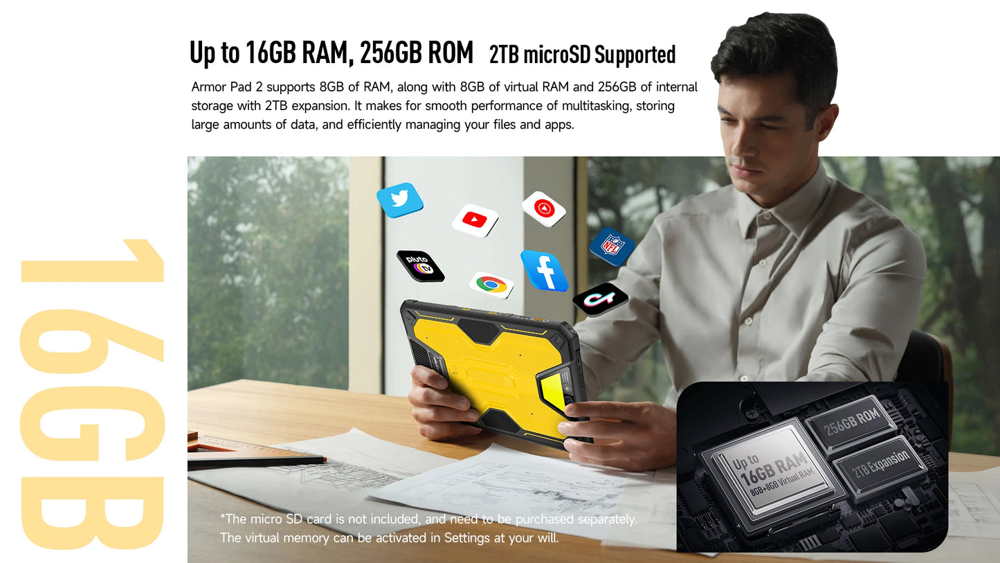 Ulefone Armor Pad 2 Rugged Tablet , 11" 2K , 18600 mAh ,IP68/IP69K Android 13 NFC GPS 4G Tablet Up to 16GB RAM 256GB ROM