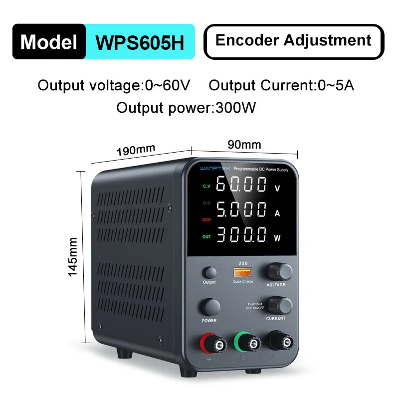 Adjustable DC power supply with 4-digit LED display, 5V/3.6A USB fast charging with encoder adjustment, output enable/disable