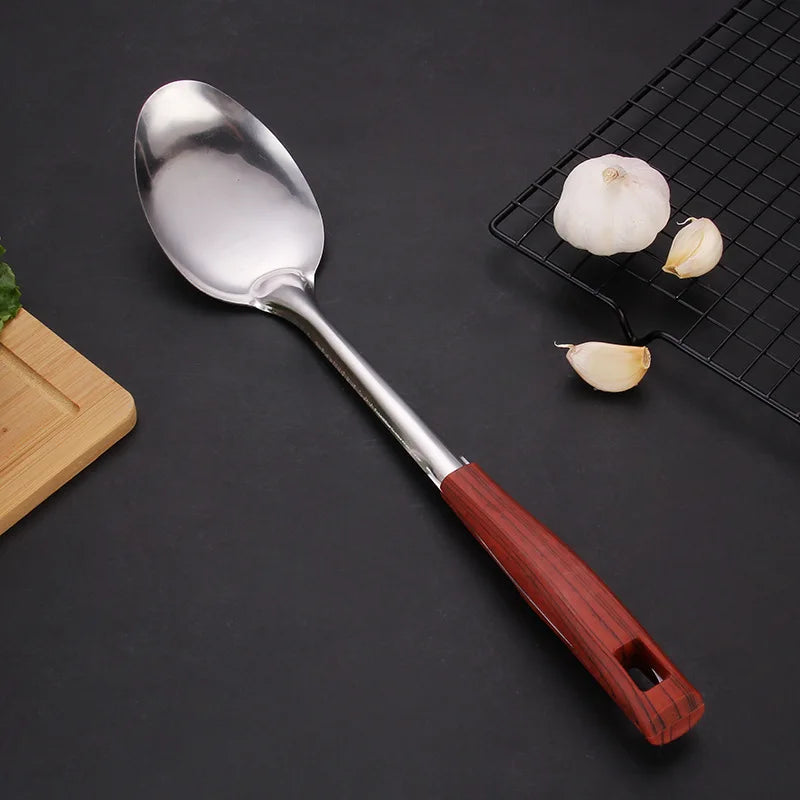 Wooden Handle Frying Spatula Tongue Spoon Stainless Steel BBQ Meat Fork Colander Home Cooking Pots Set Kitchen Accessories