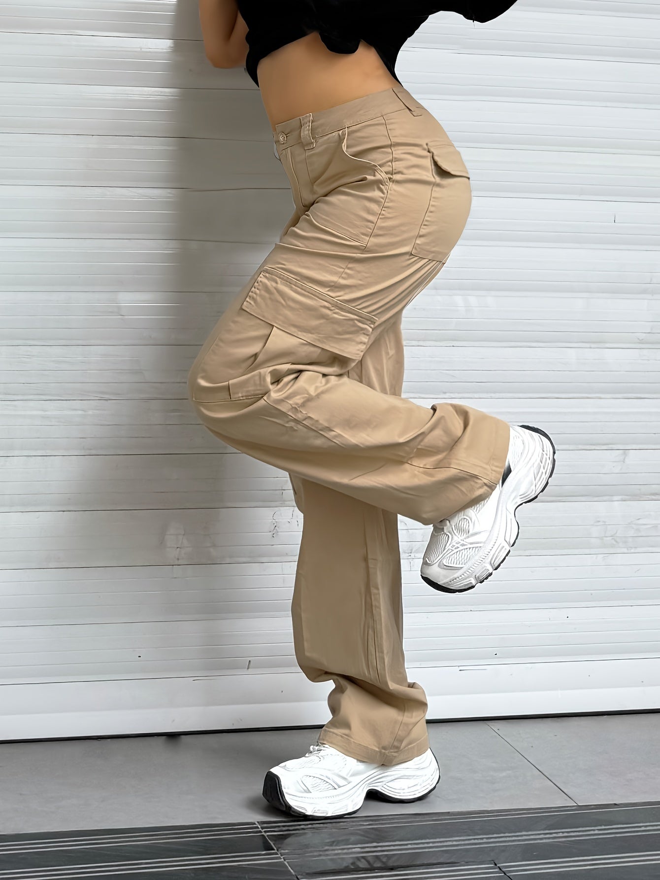 Stylish Y2K Khaki Cargo Denim Pants - Women Jeans - Fashionable Retro High Waist Straight Leg, Loose Fit, Large Pockets, Casual Street Hip-hop Style, Comfortable Wear for Daily Life