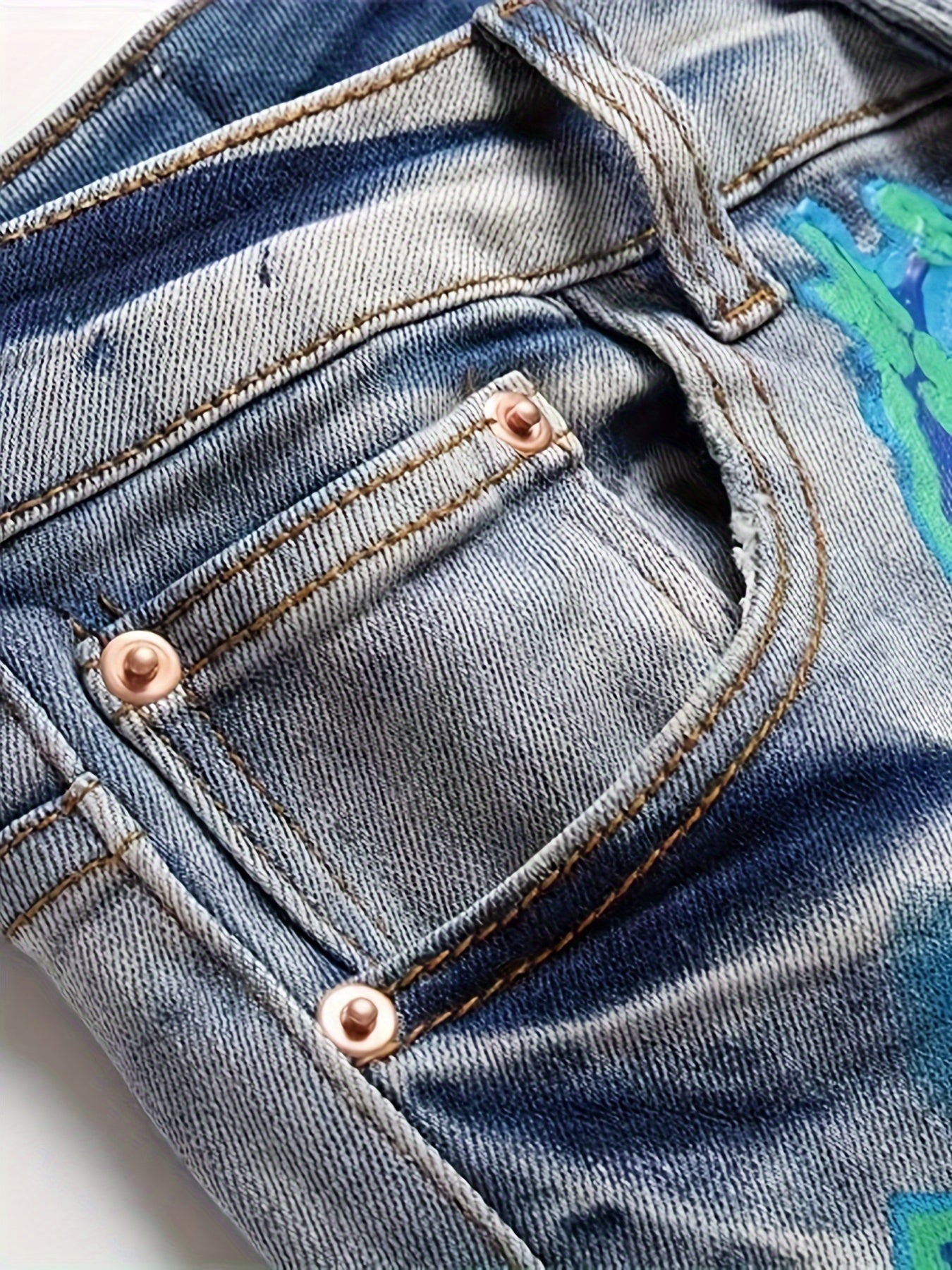 Trendy Distressed Jeans - European and American Inspired Printed Graffiti Style, Washed and Faded, Fashionable Ripped Knee, Stretchy Denim, Casual Wear for Women - Jeans