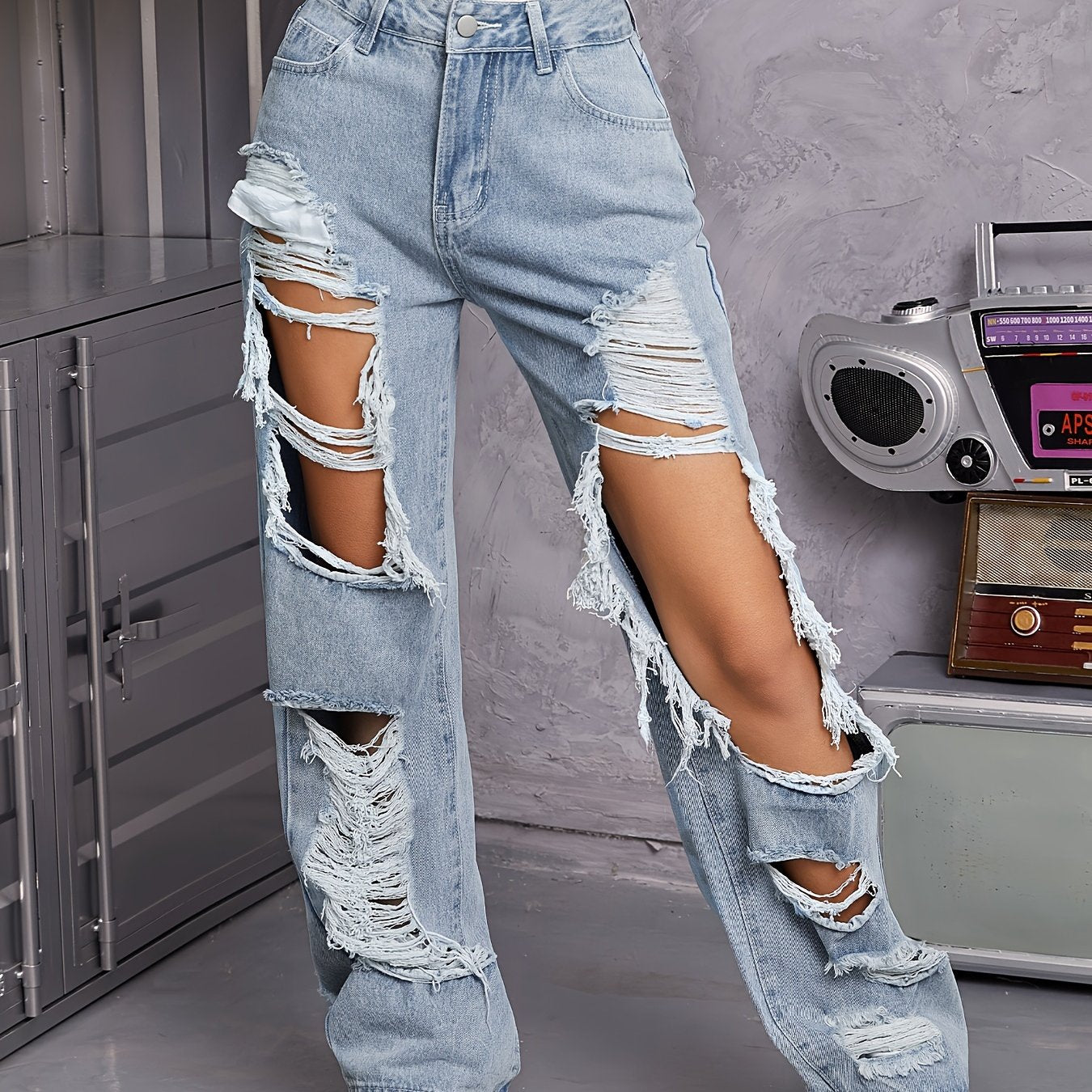 Vintage Chic High Waist Distressed Ripped Jeans - Women Jeans - Loose Fit, Streetwear Fashion, Light Blue Wash, Casual Trousers with Pockets, Comfortable and Stylish Denim Pants for Everyday Wear