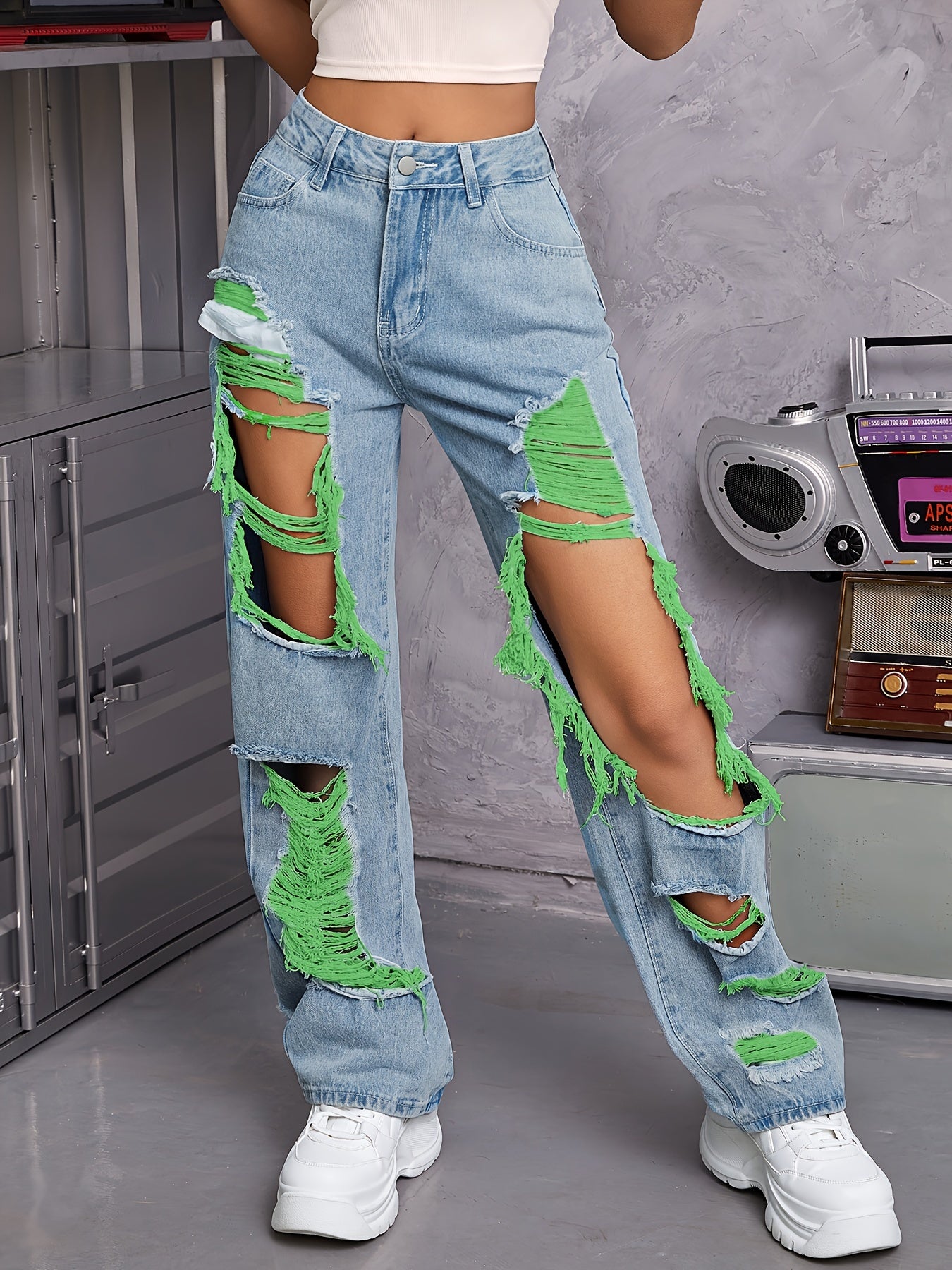 Vintage Chic High Waist Distressed Ripped Jeans - Women Jeans - Loose Fit, Streetwear Fashion, Light Blue Wash, Casual Trousers with Pockets, Comfortable and Stylish Denim Pants for Everyday Wear