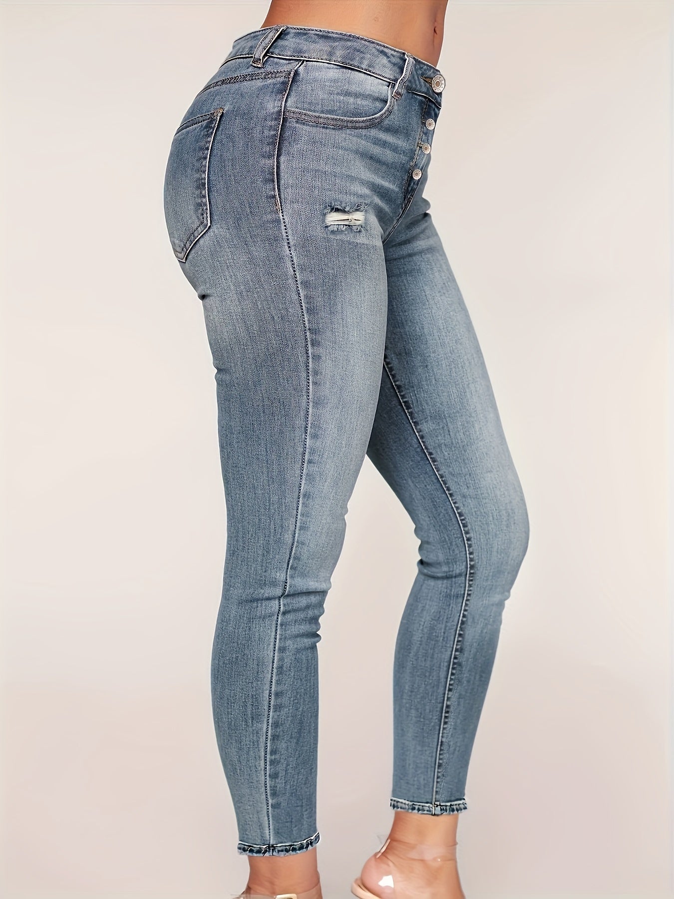 Stretchy Slim Fit Ladies' High-Waisted Denim Jeans - European and American Style, Cross-Border Fashion, Elastic Waistband, Five-Pocket Design, Comfortable and Versatile - Women Jeans
