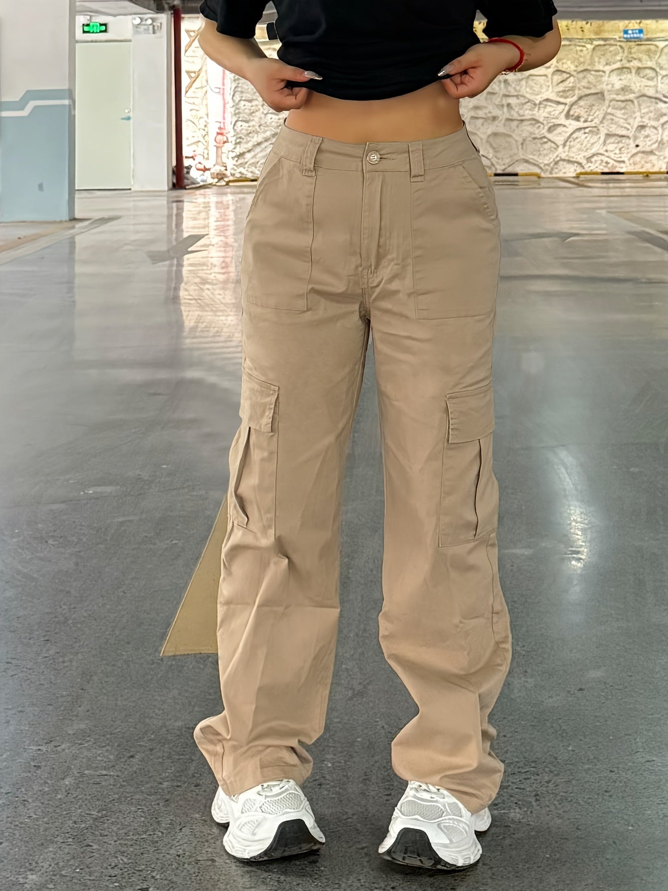 Stylish Y2K Khaki Cargo Denim Pants - Women Jeans - Fashionable Retro High Waist Straight Leg, Loose Fit, Large Pockets, Casual Street Hip-hop Style, Comfortable Wear for Daily Life
