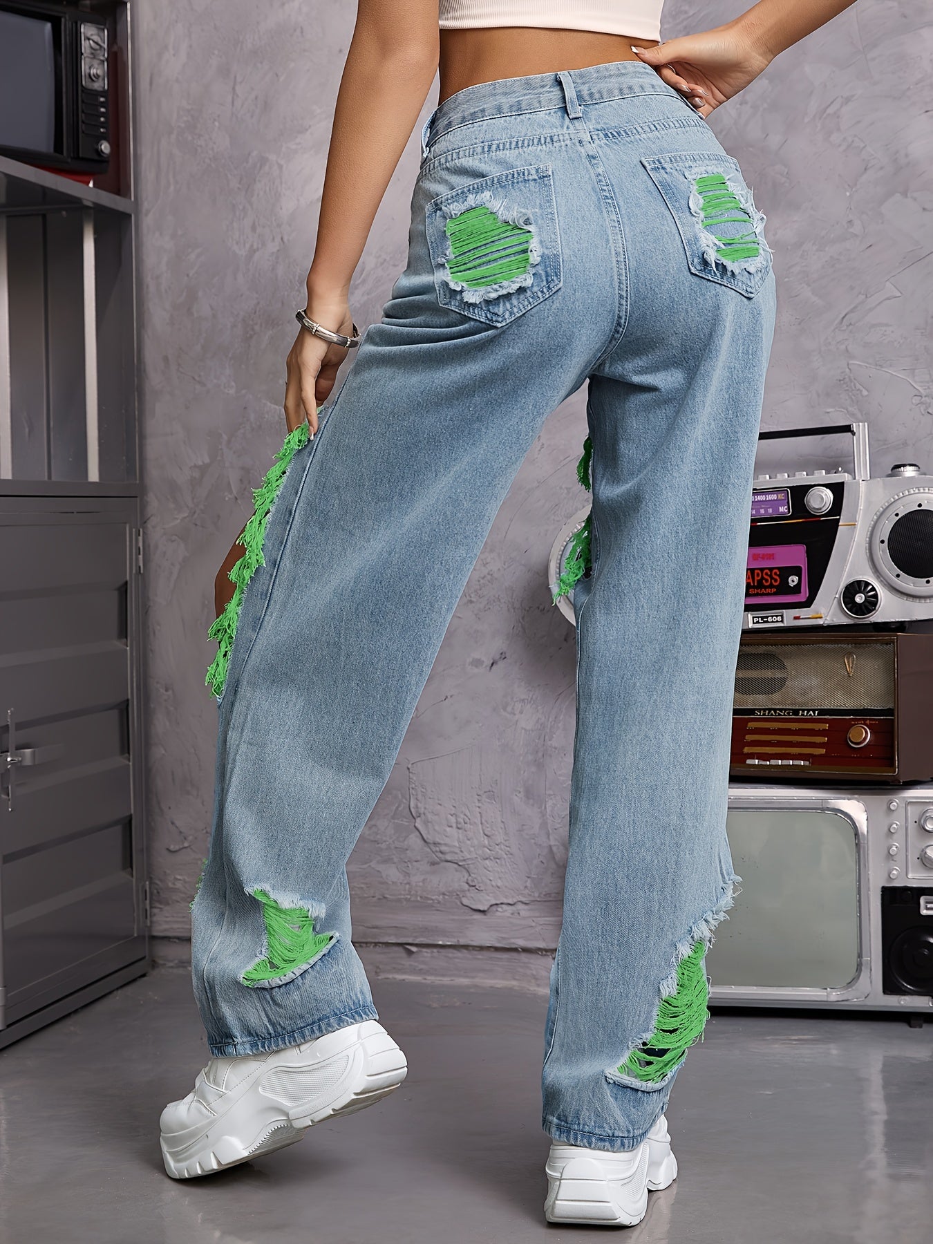 Vintage Chic High Waist Distressed Ripped Jeans - Women Jeans - Loose Fit, Streetwear Fashion, Light Blue Wash, Casual Trousers with Pockets, Comfortable and Stylish Denim Pants for Everyday Wear