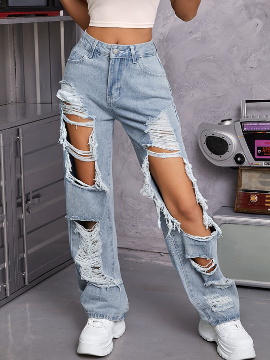 Vintage Chic High Waist Distressed Ripped Jeans - Women Jeans - Loose Fit, Streetwear Fashion, Light Blue Wash, Casual Trousers with Pockets, Comfortable and Stylish Denim Pants for Everyday Wear