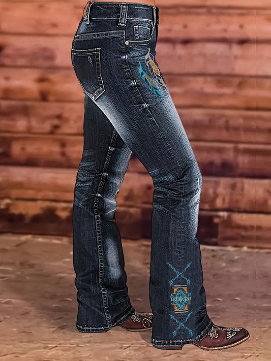 Stylish High-Waisted Cowboy Jeans - Women Jeans with Embroidered Flap Pockets, Stretchy Four-Season Cotton Blend, Casual Straight Leg Fit, Comfortable and Versatile for Daily Wear