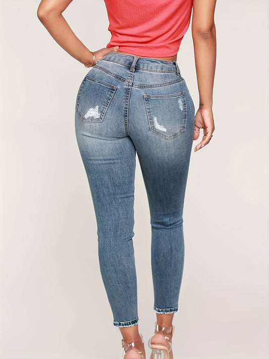 Stretchy Slim Fit Ladies' High-Waisted Denim Jeans - European and American Style, Cross-Border Fashion, Elastic Waistband, Five-Pocket Design, Comfortable and Versatile - Women Jeans