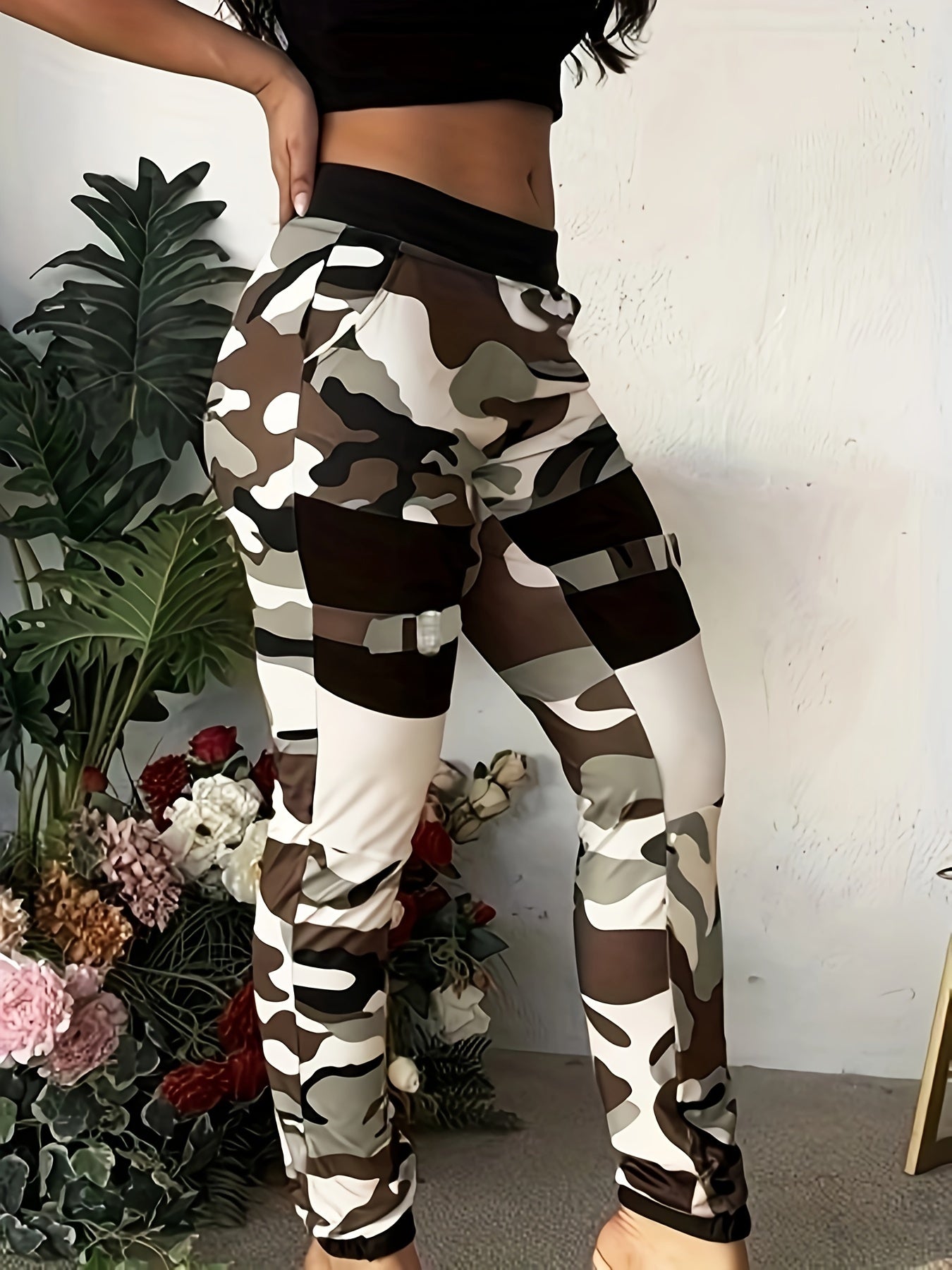 Stretchy Camo Chic Jeans - Women Jeans - High-Waisted, Slim Fit, Elastic Waistband, Versatile Fashion Denim Pants for Daily Wear, Casual Style, Comfortable and Flattering