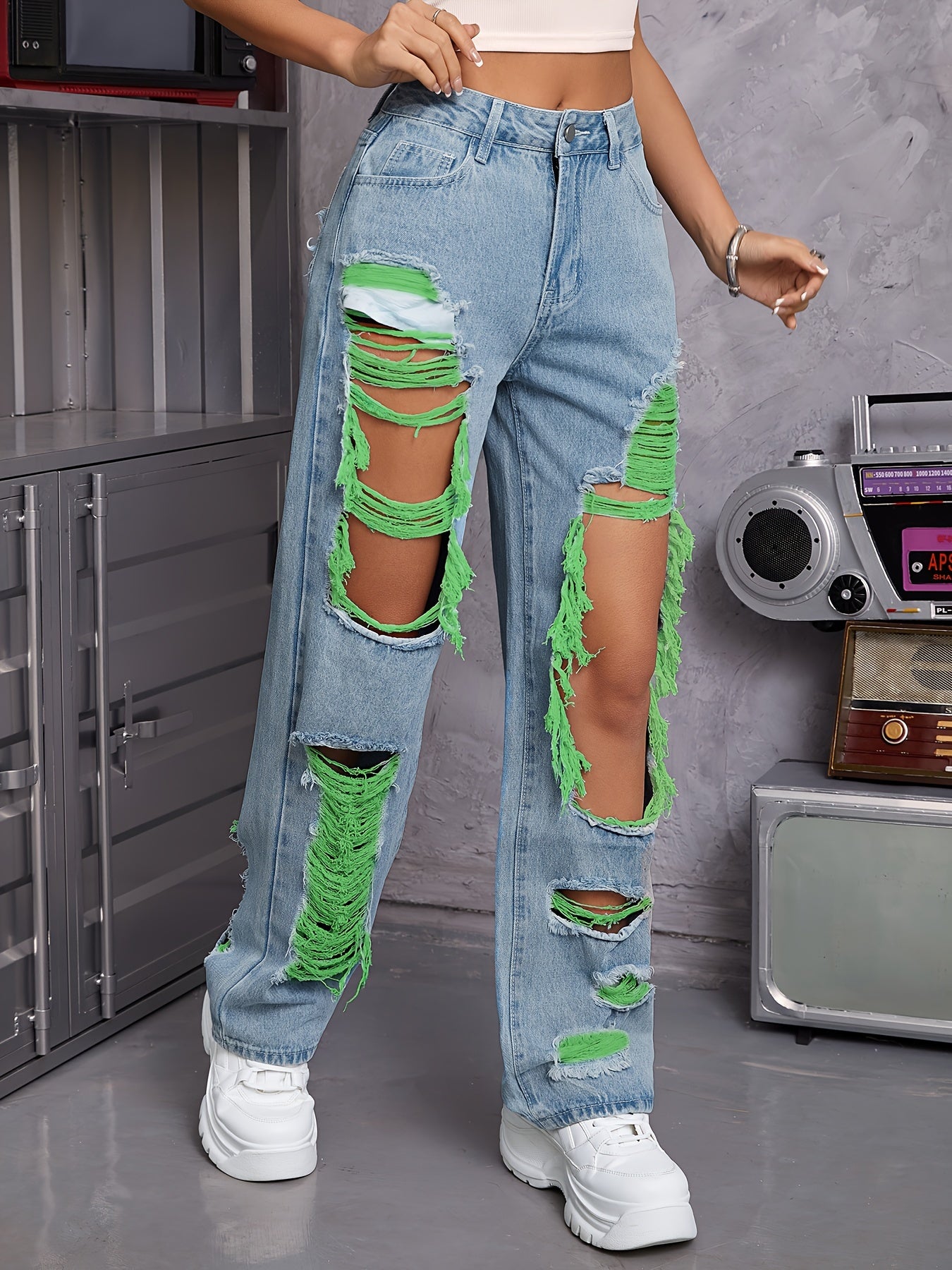 Vintage Chic High Waist Distressed Ripped Jeans - Women Jeans - Loose Fit, Streetwear Fashion, Light Blue Wash, Casual Trousers with Pockets, Comfortable and Stylish Denim Pants for Everyday Wear