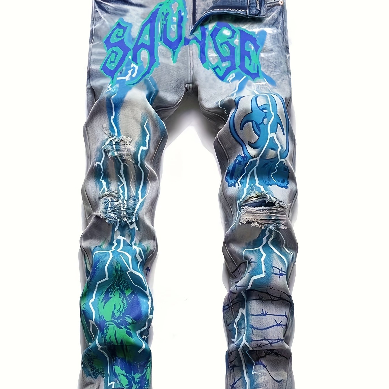 Trendy Distressed Jeans - European and American Inspired Printed Graffiti Style, Washed and Faded, Fashionable Ripped Knee, Stretchy Denim, Casual Wear for Women - Jeans