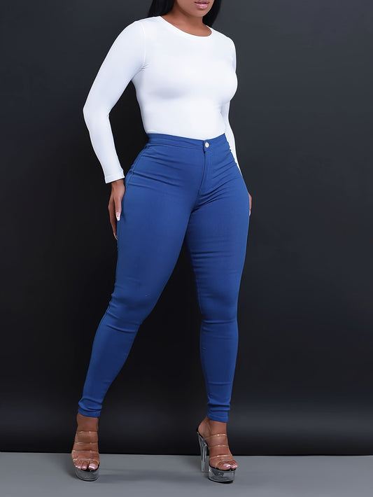 Stylish High-Waist Skinny Fit Jeans - Women Jeans - Stretch Denim, Casual, Versatile, Zipper Button Closure, Comfortable, Flattering Silhouette, Perfect for Daily Wear