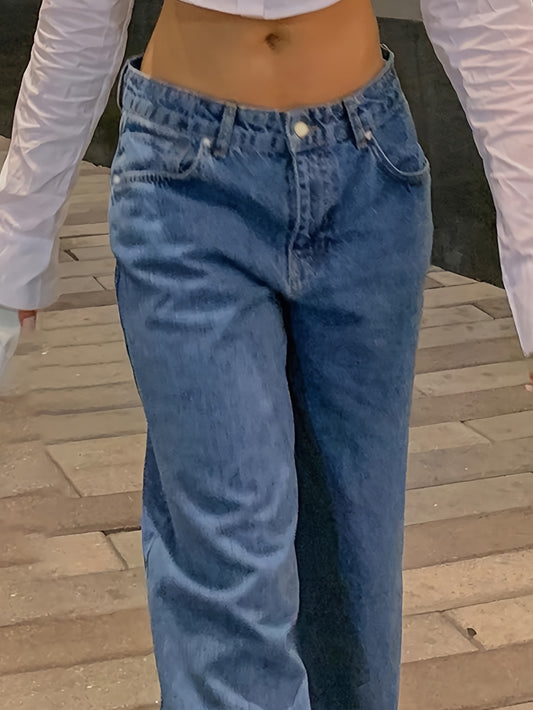 Vintage Chic High-Waisted Relaxed Fit Mom Jeans - Women Jeans - 90s Inspired, Straight Leg, Machine Washable, Comfortable, Y2K Retro Style, Blue Denim, Easy Care