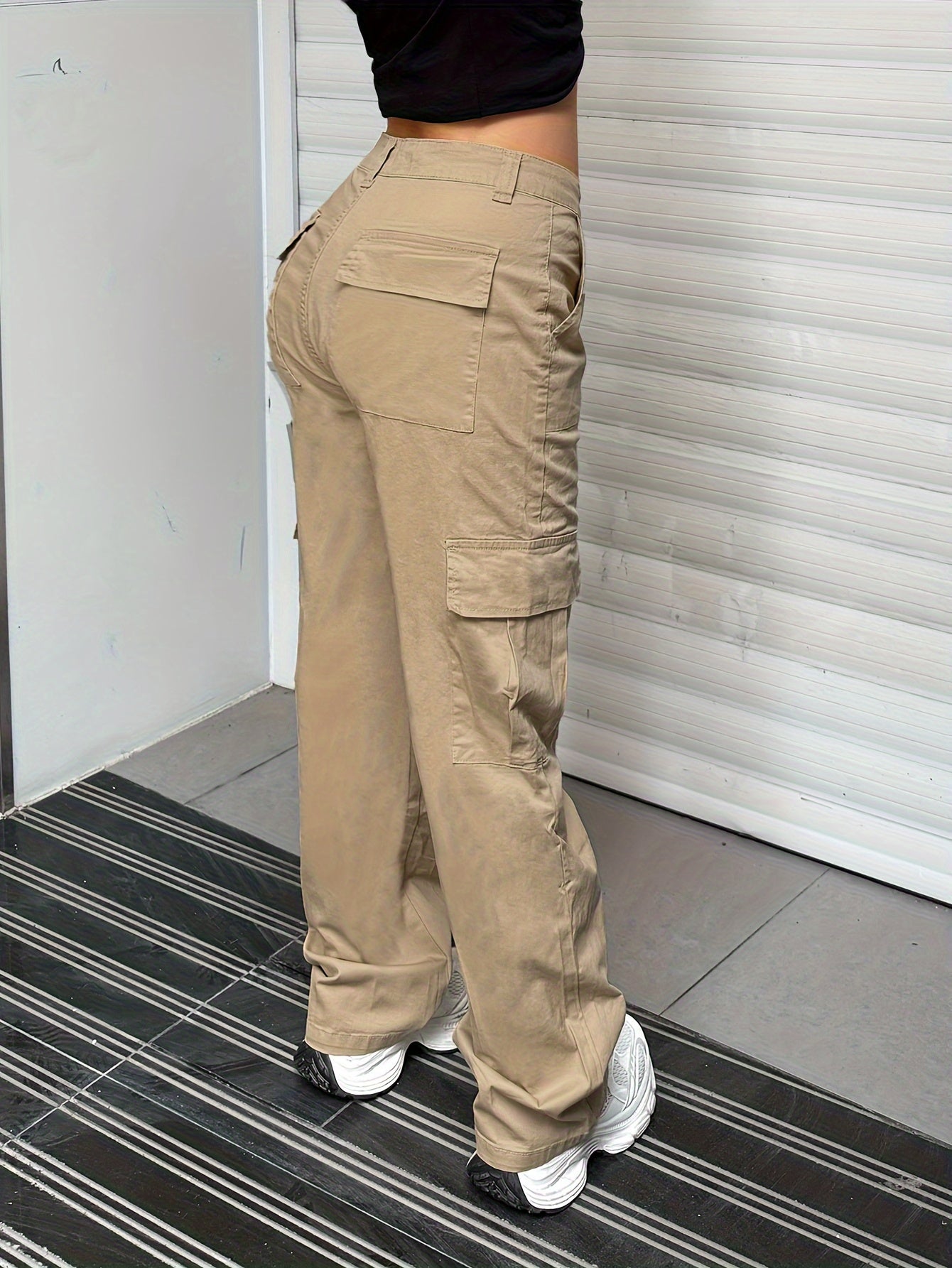 Stylish Y2K Khaki Cargo Denim Pants - Women Jeans - Fashionable Retro High Waist Straight Leg, Loose Fit, Large Pockets, Casual Street Hip-hop Style, Comfortable Wear for Daily Life