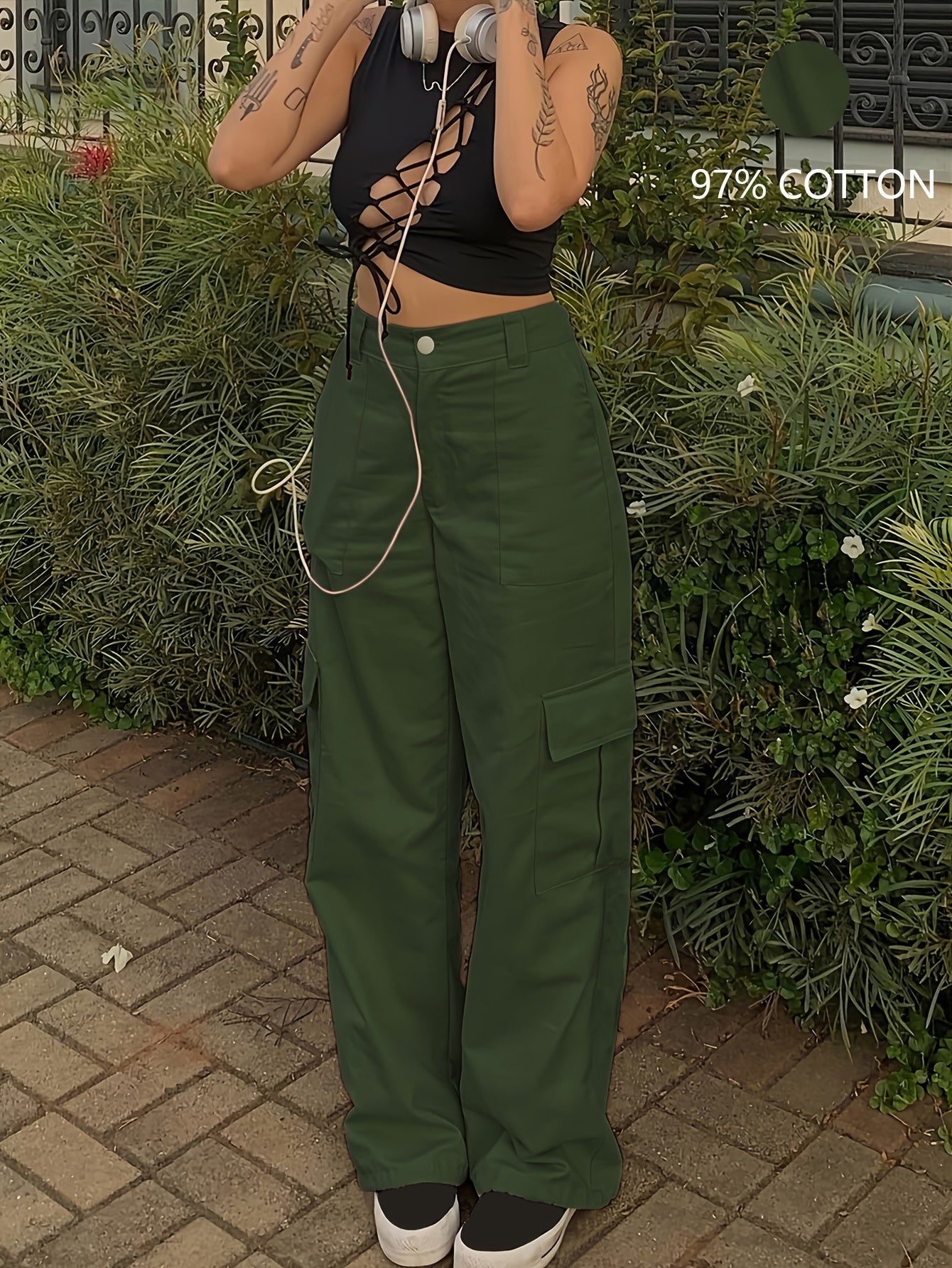 Stylish Y2K Khaki Cargo Denim Pants - Women Jeans - Fashionable Retro High Waist Straight Leg, Loose Fit, Large Pockets, Casual Street Hip-hop Style, Comfortable Wear for Daily Life