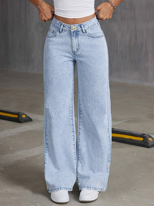 Classic High-Waisted Wide Leg Jeans - Women Jeans, Cotton Blend, Polyester, Viscose, Machine Washable, No Stretch, Solid Color, Four Seasons, Zipper Closure, Casual Outwear