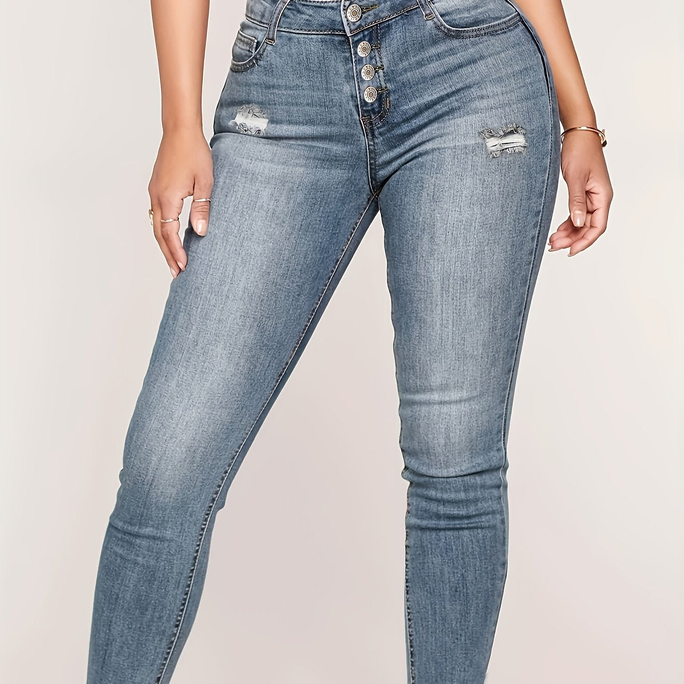 Stretchy Slim Fit Ladies' High-Waisted Denim Jeans - European and American Style, Cross-Border Fashion, Elastic Waistband, Five-Pocket Design, Comfortable and Versatile - Women Jeans